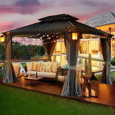 10'x12' Hardtop Gazebo Galvanized Steel Double-Roof Gazebo w/ Netting & Curtain, Black